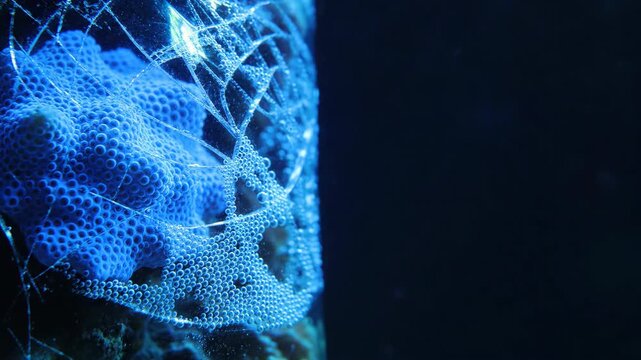 Blue coral glowing under ultraviolet light in dark aquarium. Microscopic view of coral polyp anatomy. Bioluminescence and marine biology scientific research study