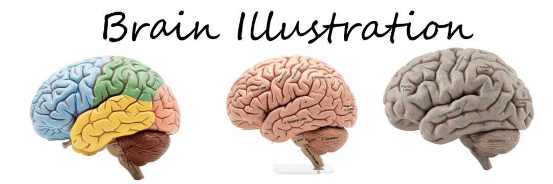A set of human brain illustrations isolated on white background, anatomical neuroscience diagrams showing regions, lobes and realistic medical study PNG

