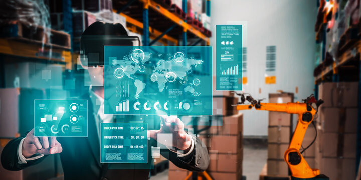 Future virtual reality technology for innovative VR warehouse management . Concept of smart technology for industrial revolution and automated logistic control .