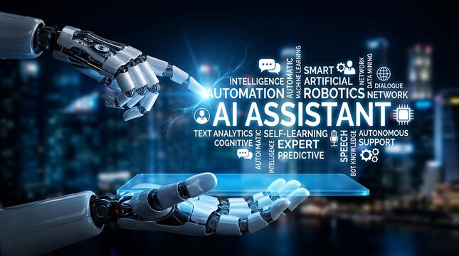 Futuristic robot hands showcasing the power of AI assistant technology and intelligent automation on a glowing holographic interface against a city background.