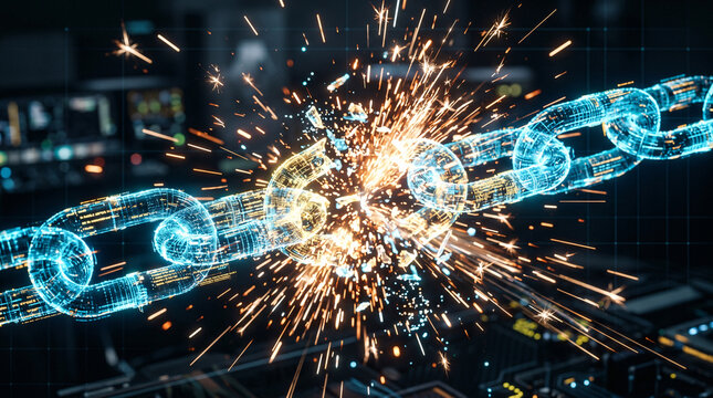 Glowing holographic chain fractures with sparks flying. Digital light pulses create a futuristic burst. Chain breaks mid air.
