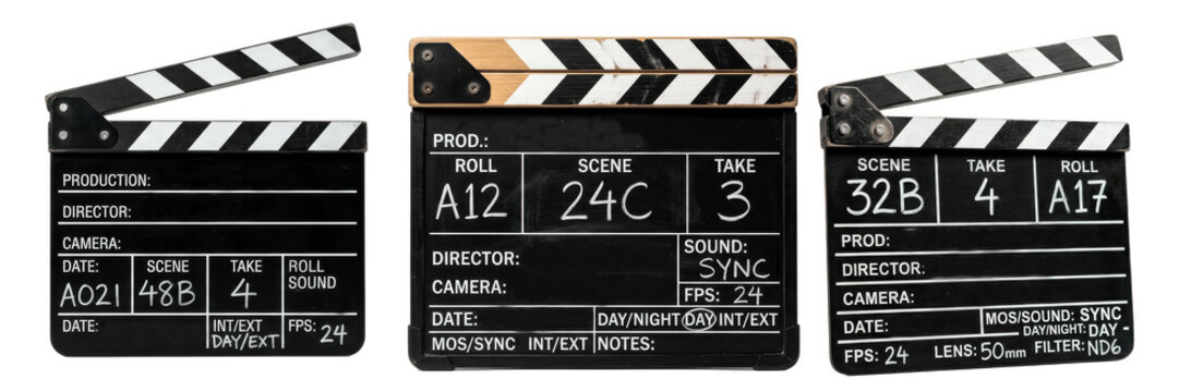 A set of classic film clapperboards isolated on white background, movie production slate collection for cinema, video shooting and director tools PNG


