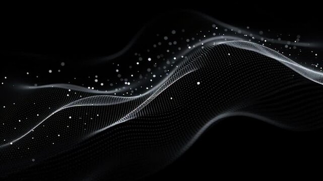 Abstract digital wave flow with glowing particles on a black background, symbolizing advanced technology, data visualization, and modern innovation in a futuristic context