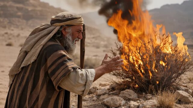 Moses encountering the Burning Bush in the desert, a prophet receiving divine revelation and the call to lead Israel at Mount Horeb as the bush blazes unconsumed