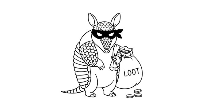 Funny Armadillo Bandit with Loot Bag and Mask, Cartoon Style