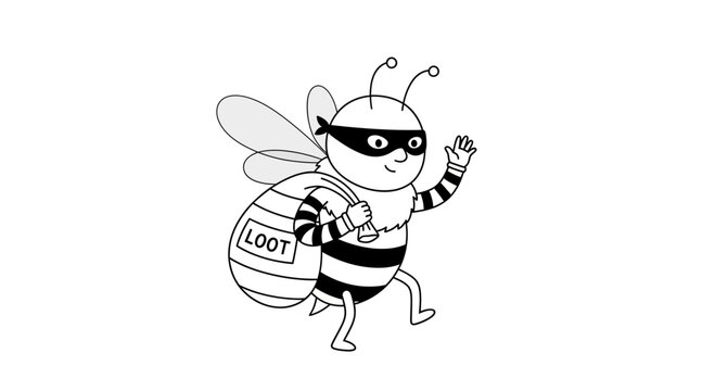 Funny bee thief with loot bag, cartoon character, black and white illustration
