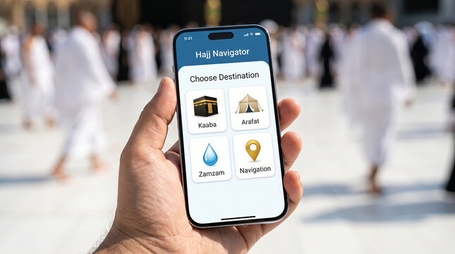Luminous pixels on a mobile device display a pilgrimage navigation interface as pilgrims in white ihram clothing walk through a sunlit sacred courtyard.