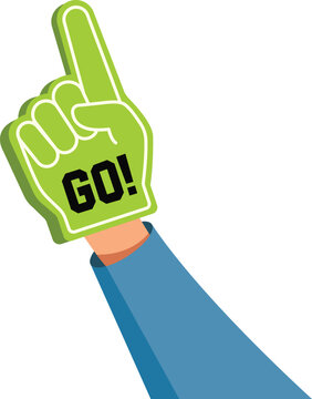 Soccer fans hand. Accessory for sports game fans. Green foam finger glove with text. Fan cheering accessory for sports events, basketball or football games. Icons for game support
