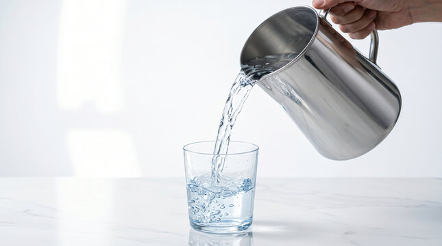 Close-up of a hand pouring holy zamzam water from a stainless steel pitcher into a clear glass on a bright white marble table