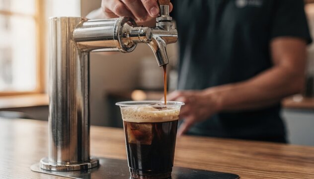 Medium shot of a barista filling a plastic cup with cold brew coffee from a chilled nitro tap highlighting creamy foam forming atop the dark liquid.