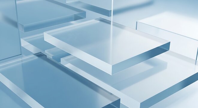 Abstract geometric background with translucent glass rectangles clean minimalist design for technology or architectural concepts soft blue and white tones