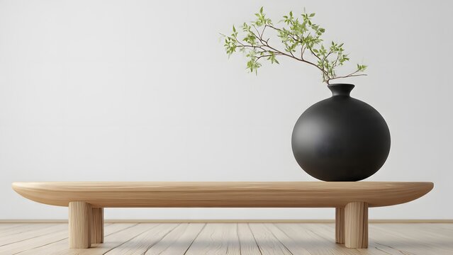 Minimalist Black Vase with Green Branches on Light Wood Bench