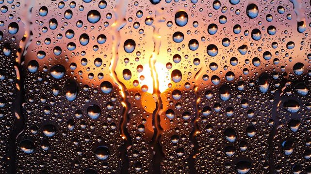 Warm sunlight diffusing through rain droplets on wet glass