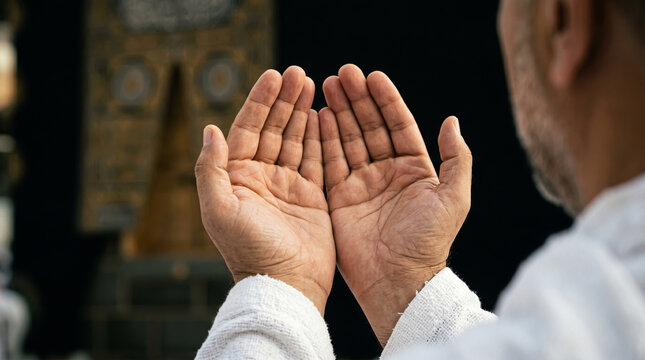 A male Muslim pilgrim wearing white ihram raises his open hands in deep prayer and supplication in front of the blurred golden door of the holy Kaaba at the Grand Mosque in Mecca.