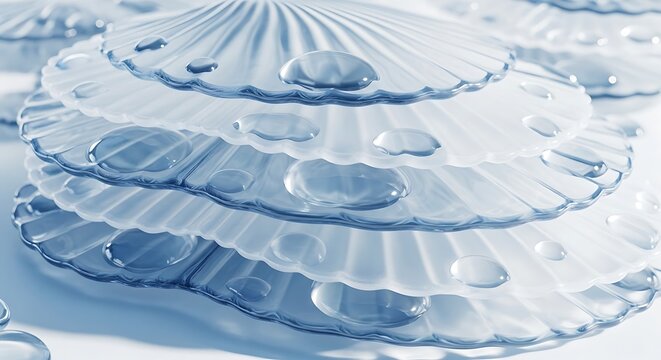 Stack of translucent scallop shells with water droplets a delicate marine concept for spa beauty or coastal themes isolated on a soft blue background