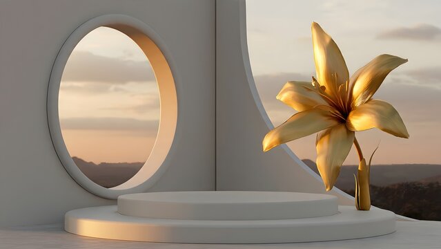 Golden Flower Arranged on Minimal White Podium by Round Window at Sunset