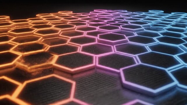 Abstract neon hexagon pattern with glowing orange and blue edges
