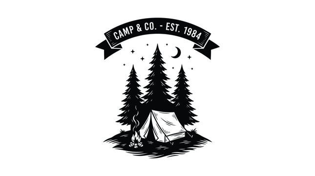 Vintage camping logo featuring a tent, campfire, pine trees, and stars under a banner that reads "CAMP & CO. - EST. 1984".