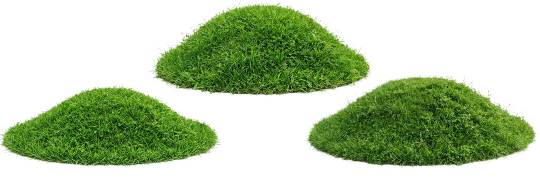 A set of small green grass mounds isolated on white background, fresh lawn turf hummocks collection for landscape design and eco concepts PNG

