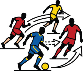 Fototapeta premium Silhouette vector illustration of soccer players in dynamic poses, dribbling and running with swift movement lines.