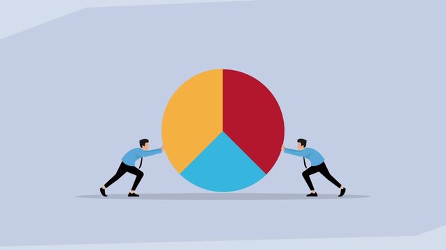 Businessmen Pushing Large Pie Chart Together: Concept of Market Share, Teamwork, and Corporate Growth cartoon animation