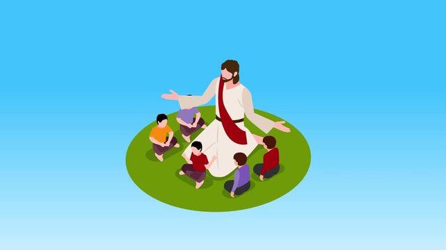 Jesus Christ Teaching a Group of Children in a Circle Concept 3d animation cartoon