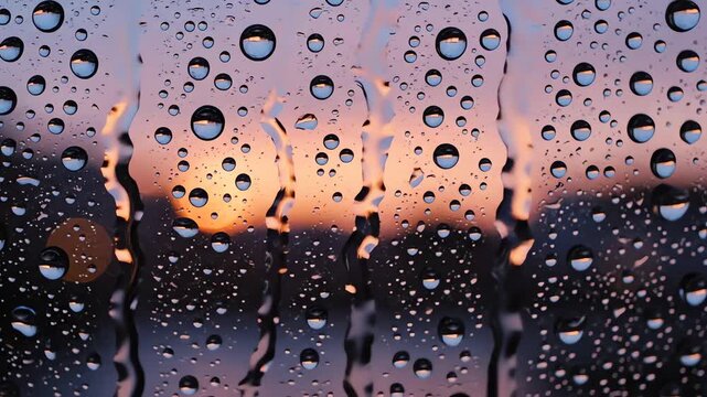 Raindrops on window glass against soft purple sunset background