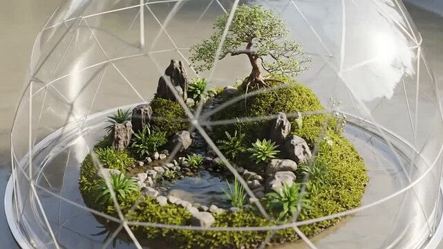 Miniature moss garden in glass globe.