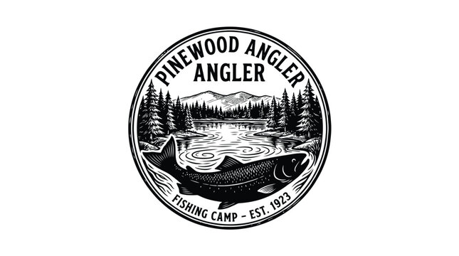 Vintage circular logo for Pinewood Angler Fishing Camp, established in 1923, featuring a serene lake scene with pine trees, mountains, and a large fish.