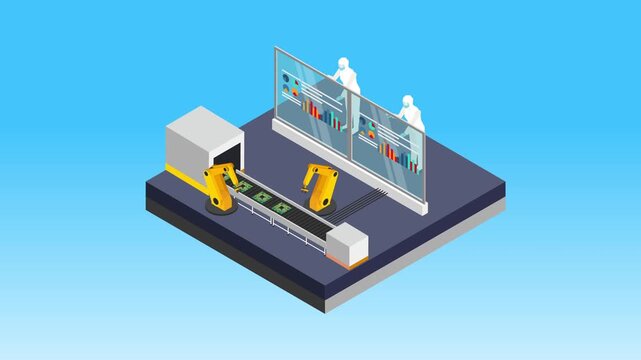 Automated Microchip Production Line with Robotic Arms and Data Monitoring 3d animation cartoon