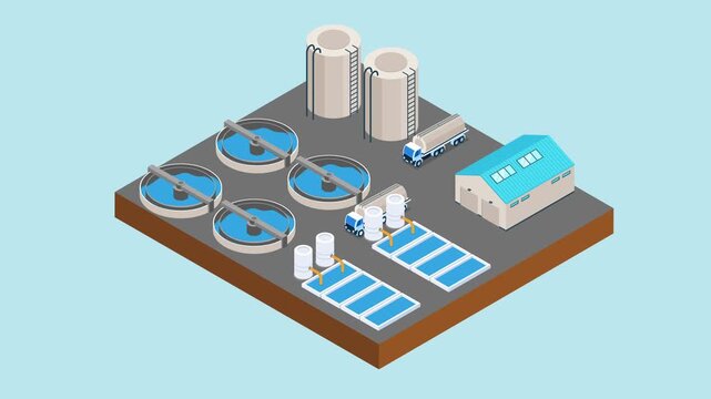 Water Treatment Plant Animation with Circular Clarifiers and Storage Tanks 3d animation cartoon