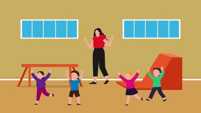 Happy Children Jumping and Playing with Teacher in Indoor Gym cartoon animation