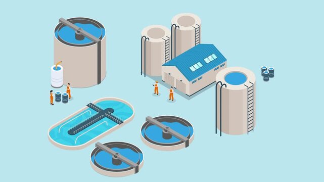Water Treatment Plant Animation with Workers, Processing Tanks, and Industrial Silos 3d animation cartoon