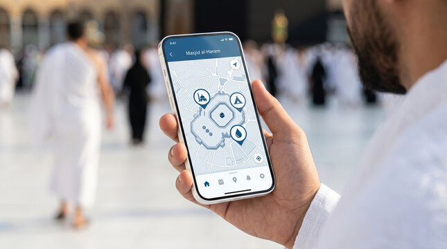 A close-up view of a pilgrim's hand holding a modern smartphone displaying a digital interactive map application for navigation while standing in the crowded courtyard of the Grand Mosque.