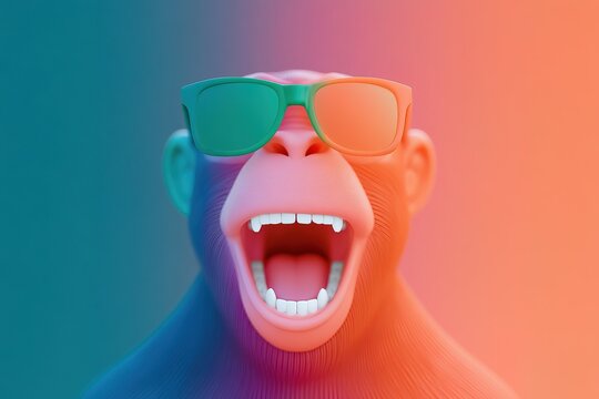 Colorful monkey in sunglasses strikes a joyful pose with a vibrant backdrop
