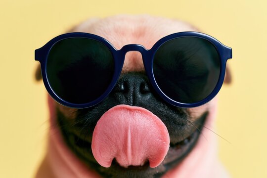 Cute pug wearing stylish sunglasses sticks out its tongue joyfully