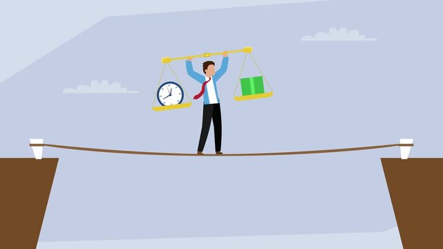 Businessman Walking on Tightrope Balancing Time and Money over a Chasm, Work-Life Balance Concept cartoon animation