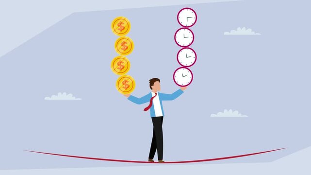 Businessman Walking on Tightrope Juggling Stacks of Time Clocks and Money Coins, Work Life Balance Concept cartoon animation