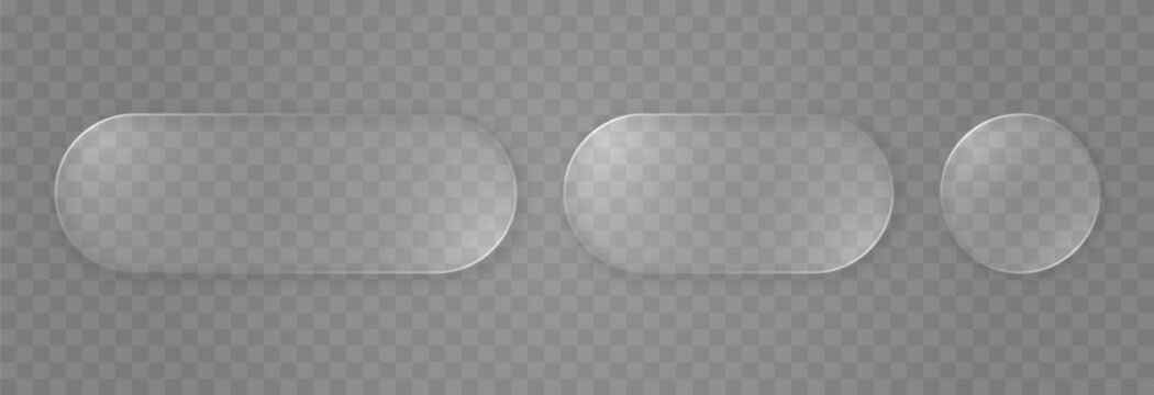 Set of rounded glass elements in different shapes in glassmorphism style. Liquid glass effect PNG. Glass panels with liquid glass effect.