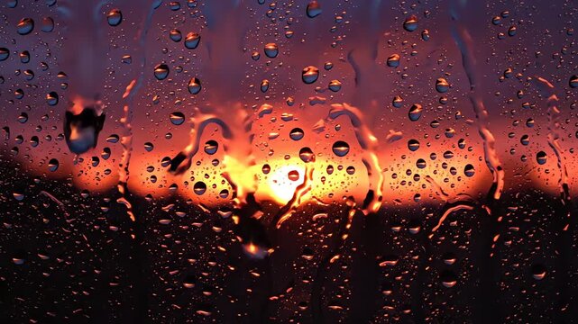 Dramatic orange sunset horizon seen through wet glass window