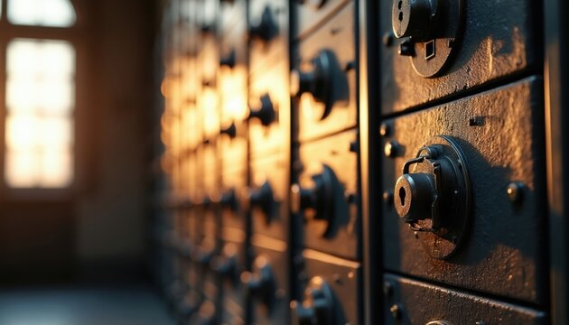 Bank vault rows with textured metal, round dial locks. Secure financial storage compartments offer privacy and protection for valuables. Safe deposit boxes provide trust and peace of mind.