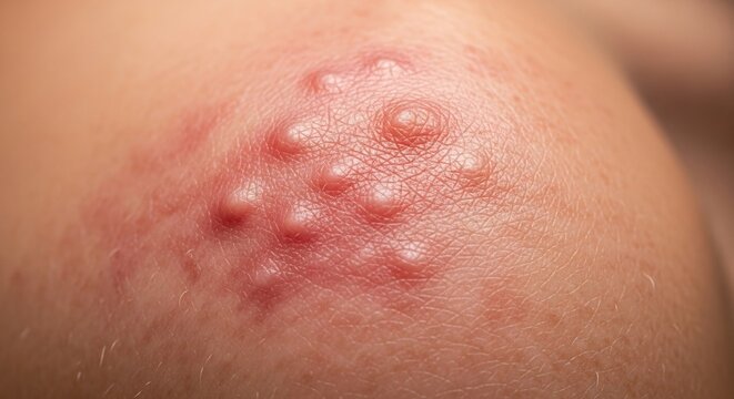 Close-up of Shingles Rash with Blisters on Human Skin.