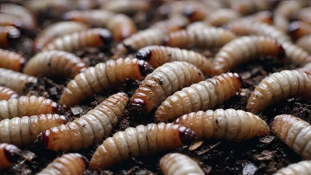 Closeup of a large group of grub larvae in dark soil.