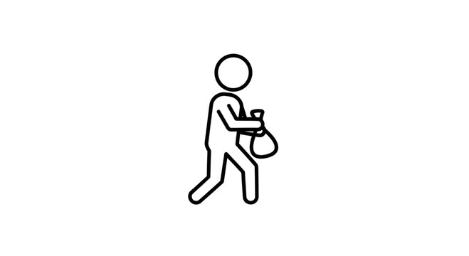 Thief icon, person carrying a stolen bag, crime concept, simple line art