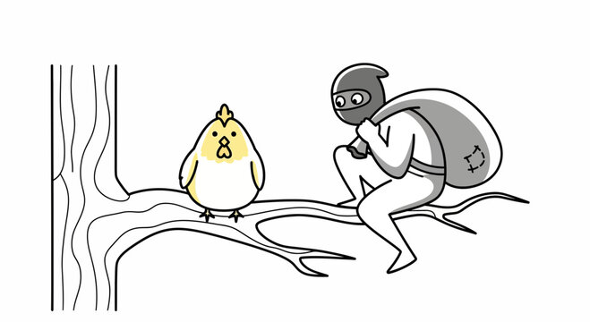 Thief in disguise attempts to steal bird from tree branch, funny cartoon illustration