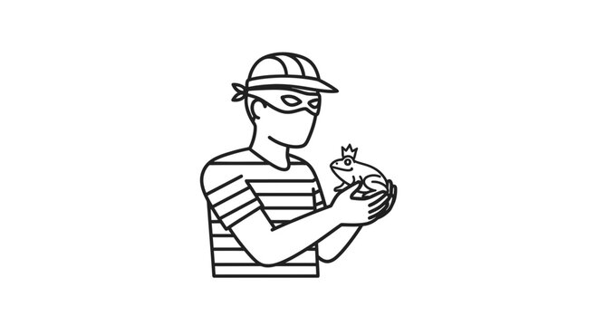 Thief in mask stealing a frog with crown, concept of fairytale crime or unusual theft