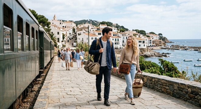 Couple arriving by train in a walkable coastal town with light luggage