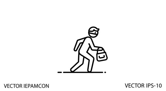 Thief icon, robber with bag, crime, stealthy movement, vector illustration