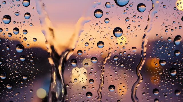 Raindrops sliding down window glass with sunset city bokeh