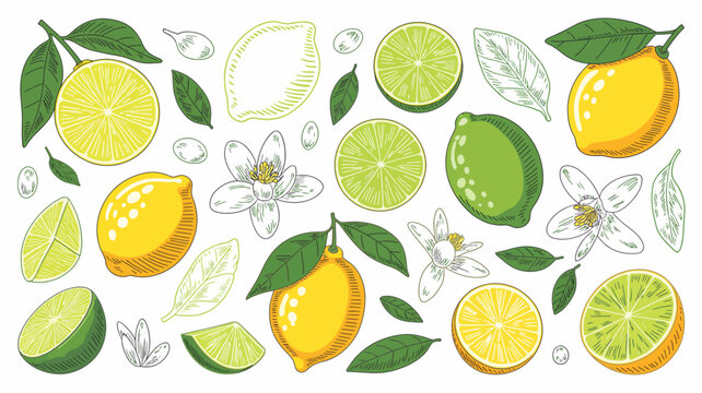Citrus fruit illustration with lemons limes blossoms and leaves on a white background